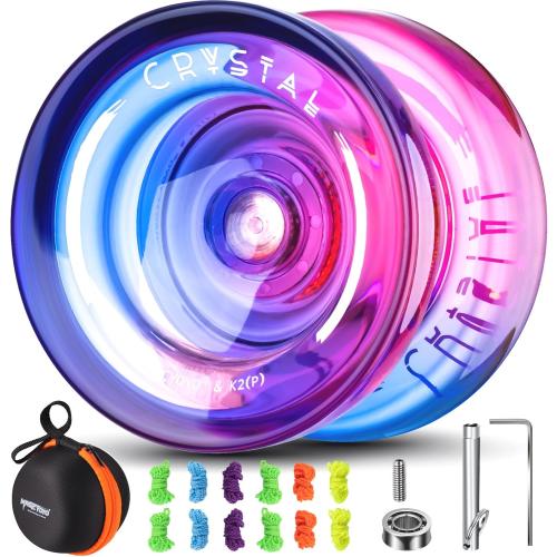 MAGICYOYO K2 Crystal Responsive Yoyo for Kids 8-12, Professional Fingerspin Trick YoYo for Advanced, Dual Purpose Mode with Unresponsive Bearing 12 Yo yo Strings Yo-yo Case Bag (Pink Purple Gradient)
