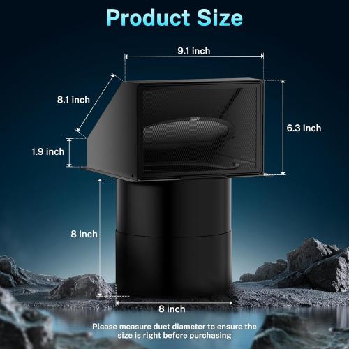 HG Power 8 Inch Hooded Wall Vent with Damper and Screen, Exterior Vent Covers，Galvanized Steel Exhaust Vent, Exhaust Fan Cover for Kitchen Range Hood Ventilation, HVAC Duct Air Exhaust, Black