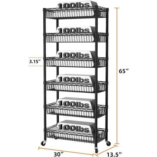 SINGAYE Shelf 6 Tier Wire Shelving Unit Adjustable Storage Shelves Big Basket Rack for Garage Kitchen Office Pantry Laundry Room Organizers13.5 D x 30 W x 65 H Black