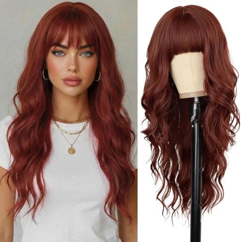 Ginger Orange Wigs with Bangs for Women Long Curly Auburn Wavy Wigs Heat Resistant Synthetic Bangs Wig for Daily Party Use (Ginger Orange, 26 Inches)