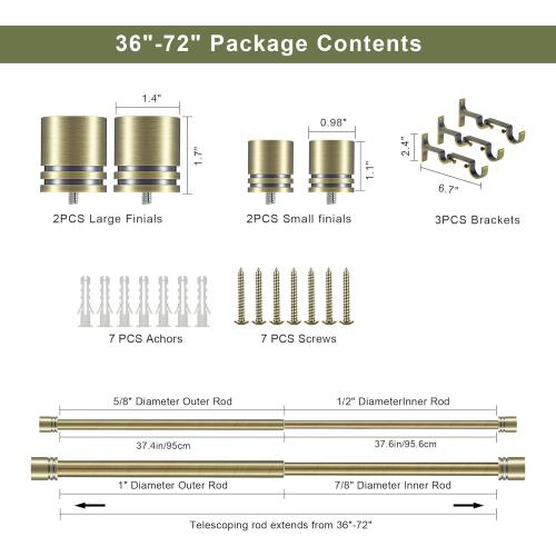 Double Curtain Rods 36-72 Inches for Windows, 1 Inch Diameter Adjustable Heavy Duty Drapery Rod with Aluminum Alloy Brackets and Finials, Modern Stylish Dual Curtains Rod, Antique Bronze