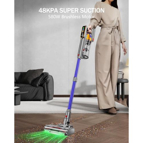 Grey Cordless Vacuum Cleaner, 580W 48KPA 60 Mins Vacuum Cleaners for Home, Stick Vacuum with 1.8L Large Dust Cup, Wall Mount Charging, Anti-Tangle Wireless, Green Light for Pet Hair, Carpets, Hardwood