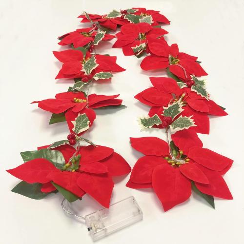 Poinsettia Christmas Flowers Decorations Garland String Lights 6.56FT 10LED Xmas Tree Artificial Ornaments with Red Berries Holly Leaves