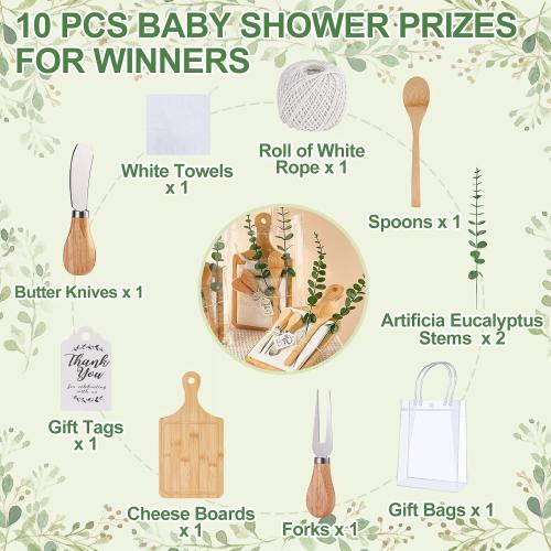 Baby Shower Prizes for Game Winners Bamboo Cheese Board Spoon Fork Butter Spreaders Plaid Towel Thank You Card and Gift Bags for Baby Shower Wedding Bridal Shower Favors (Bamboo, 1 Set)