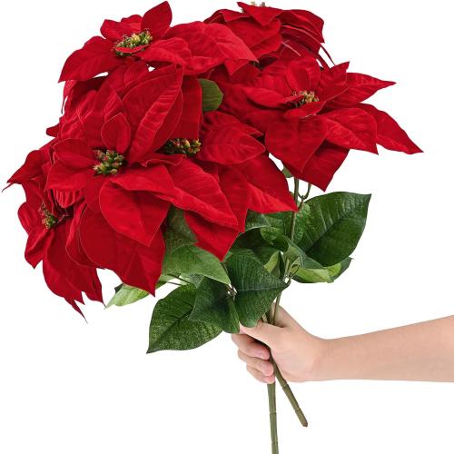 MARTINE MALL 21.3 in Poinsettia Flowers Artificial, 2 Packs Poinsettia Christmas Decoration, Long Stem Velvet Poinsettia Bouquet for Christmas Tree Porch Home Garden Indoor Outdoor Decoration