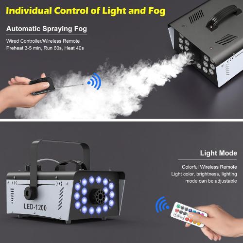 1200W Fog Machine Halloween Outdoor with 18 LED Lights 6000CFM Smoke Machine Fog Indoor with Remote for Wedding Party DJ Disco Stage