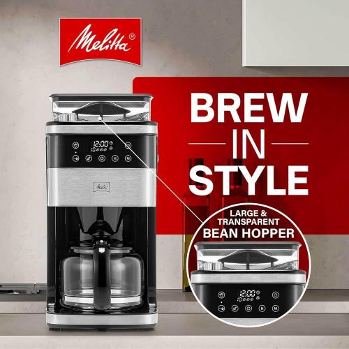 Melitta® Aroma Fresh™ Plus 10-Cup Coffee Maker with Built in Burr Grinder | Automatic Drip, Grind & Brew, 5-Pack Coffee Filters Included