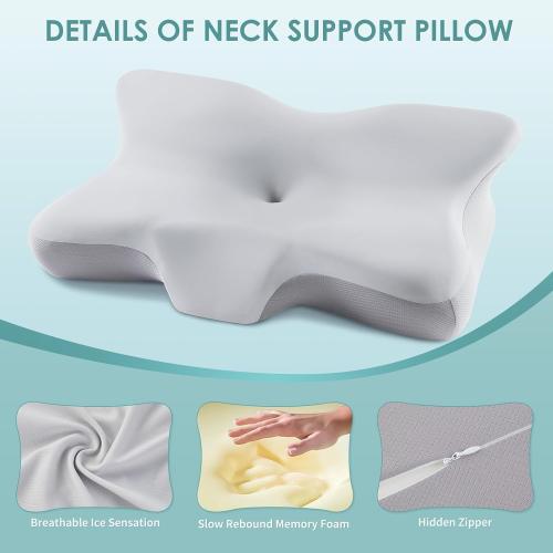 BESYODO Cervical Neck Pillow, Ergonomic Memory Foam Cervical Pillows, Contour Side Sleeper Pillows for Adults, Orthopedic Neck Support Pillow for Back Stomach Sleeper with Removable Pillowcase (Light Grey)
