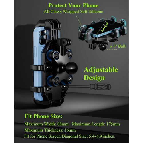 BRCOVAN Motorcycle Phone Mount Holder with Vibration Dampener, Anti-Shake Handlebar Cellphone Cradle for Bike Bicycle Scooter ATV, Adjustable Fit 5.4-6.9'' Smartphone