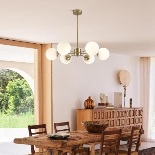 KCO 6-Light White Milk Glass Chandelier Brass Gold Sputnik Ceiling Light | E26 Bulb Included, Adjustable Height for Sloped Ceiling, Mid Century Modern Pendant Light for Dining Room Kitchen Living Room