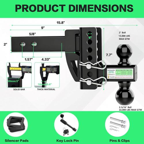 Adjustable Trailer Hitch for 2 Inch Hitches Receiver, Extra Heavy Duty 22,000 LBS Towing Weight, 2'' & 2-5/16'' Tow Dual Ball, 4'' Drop/Rise, Bulletproof Pin Lock, Anti Rust, Anti Rattle, Black