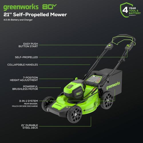 Greenworks 80V 21 Brushless Cordless (Self-Propelled) Lawn Mower (75  Compatible Tools), 4.0Ah Battery and 60 Minute Rapid Charger Included