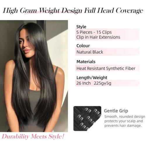 Natural Black Hair Extension Clips 26 Inch Long Invisible Straight Thick Synthetic Clip in Extensions Ins 5PCS Easy Installation Fake Soft Hairpieces for Women Weddings Party Daily Use 8.1 Oz