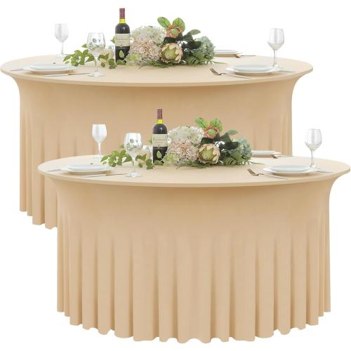 2 Pack Champagne Round Spandex Tablecloth 60 Inch, Wrinkle Free Stretch 120 Inch Round Fitted 5ft Tables, Ruffle Skirt Table Covers for Wedding Party Banquet