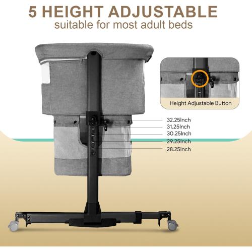 Baby Bassinet, 3 in 1 Bedside Sleeper with Mattress and Mesh Sides, Mosquito Net, Storage Basket, with Rocking Function, 5-Height Adjustable, Easy Assemble Crib for Newborn, Gray