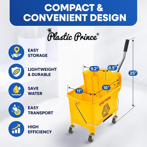 Mop Bucket with Wringer on Wheels Small 5 Gallon, Heavy Duty Dual Chamber Industrial Mop Bucket Separate Dirty Water, Perfect for Business Household, 20 Quart Yellow
