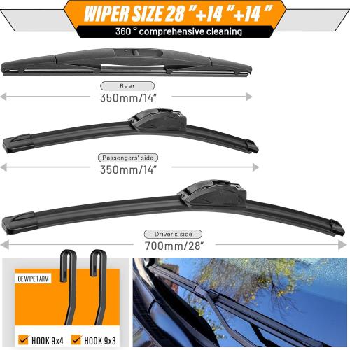 3 Wipers Replacement for Honda fit Rear and Front Windshield Wiper Blades 2009-2020,3 Pieces 28 14 14 inch