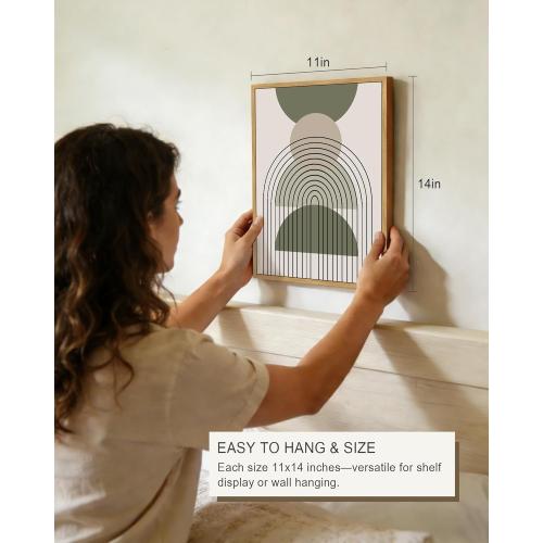 Drsoum 11x14in Boho Wall Art Green Sage Decor Framed Wood Modern Bohemian Abstract Geometry Canvas Prints Ready to Hang