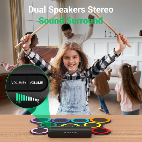 Electric Drum Set 9-Pad With Headphone, Bigger Roll-up Drum Pad USB MIDI Game, Built-in Speaker, Drum Sticks, Foot Pedals 10 Hours Playtime Holiday Xmas Birthday Gift for Kids