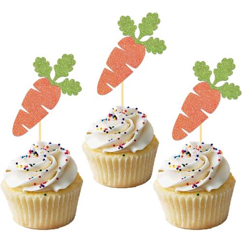24Pcs Easter Carrot Cupcake Toppers for Happy Easter Decorations, Easter Day Cake Topper for Easter Theme Birthday Baby Shower Party Supplies (Carrot)
