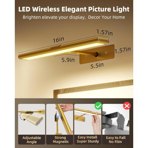 EZVALO Picture Light for Wall, 16'' Rechargeable 4800mAh Battery Lights Wireless Remote, Dimmable Magnetic LED Art Painting Light with 3 Color Temperatures, Display for Gallery, Living Room, Hallway