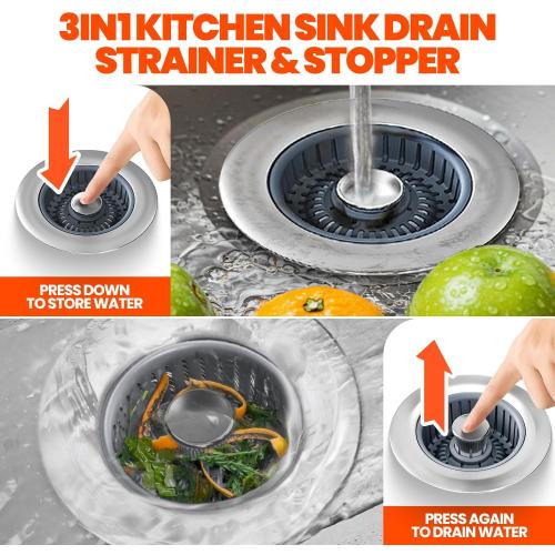 Sink Drain Strainer - Sink Stopper, 3-in-1 Kitchen Stainless Steel Drain Plug with Anti-Clog Basket, Pop-Up Cover Fits Standard 3-1/2” Openings for Double Bowl Kitchen Sinks