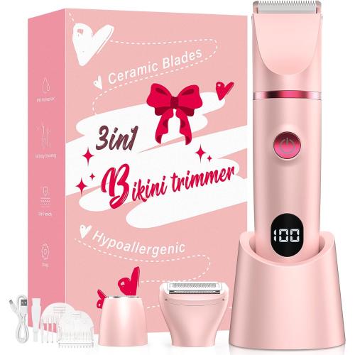 Bikini Trimmer for Women, 3-in-1 Electric Razors for Women, IPX7 Waterproof Rechargeable Cordless Pubic Hair Shaver, with LED Display, for Ladies Bikini Pubic, Face, Underarms, Legs(Pink)