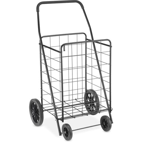 BLACK Whitmor Extra Large Utility Foldable Shopping Cart with Wheels, 100 Lb Capacity, Heavy Duty Grocery Cart with Steel Frame, Foam Handle, Rolling Collapsible Utility Trolley for Grocery, Laundry, Black