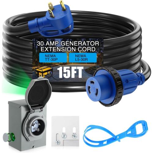 Xuhal 15 FT 30 Amp Generator RV Extension Cord and Pre-Drilled Power Inlet Box 3 Prong Compatible with NEMA TT-30P/L5-30R 125V/250V Cord with Generator Interlock Kit to House STW 10 Awg, Etl Listed