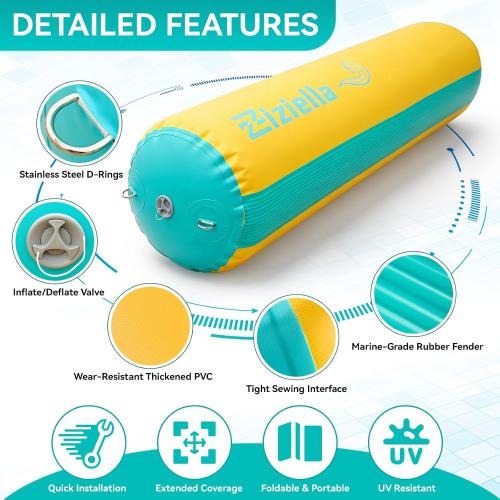 Inflatable Boat Fenders Boat Bumper, 4FT/6FT/10FT Heavy Duty Dock Fender with 2 Ropes Storage Bag, PVC Dock Bumper for Tying up Fishing Boats, Pontoon Boat, Yachts and Jet Ski