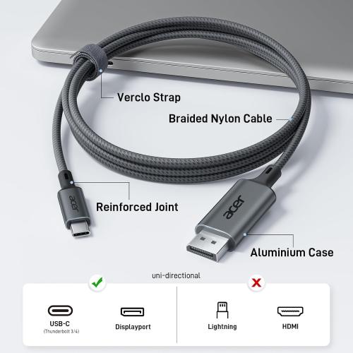 acer USB C to DisplayPort Cable 6.6 FT (4K@60HZ 2K@165Hz), Type-C to DisplayPort Cord (Sturdy Aluminum, Plug & Play) Thunderbolt 3/4/5 Compatible with MacBook Pro/Air, iPhone 16 Pro/Max, XPS, Surface