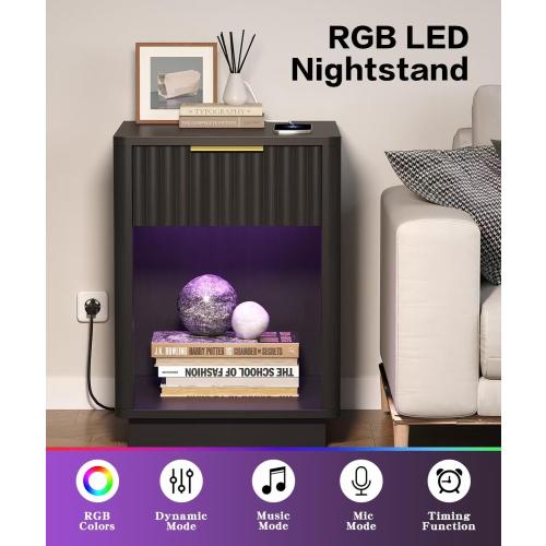 Akxomel Fluted Nightstands Set of 2, Wooden Night Stand with Charging Station and LED Light, Modern Mid Century End Table with Drawer, 15 D x 15.7 W x 22.6 H, for Bedroom, Black