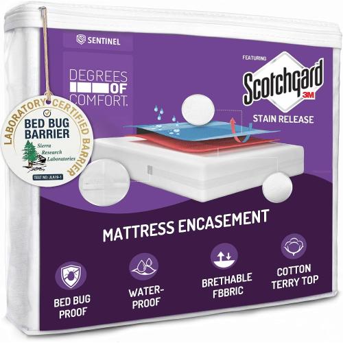 Degrees of Comfort Bed Bug Mattress Cover Queen Size - 13-15 Deep Pocket 3M Scotchgard Waterproof Zippered Encasement Protector, Breathable Cotton Terry Top