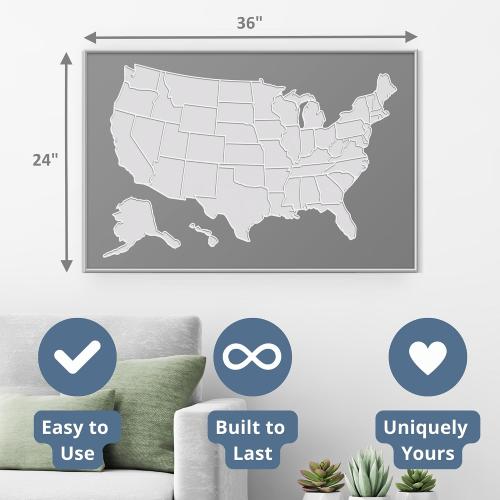 1DEA.me USA Photo Map - 50 States Travel Map - 24 x 36 in - Includes Secure Photo Maker - Easy to Use, Built to Last and Uniquely Yours - Unframed - Gray