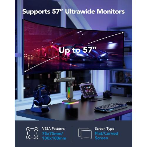 HUANUO RGB Heavy Duty Monitor Arm for Ultrawide Screens up to 57, Holds 44 lbs, Tall Ultrawide Monitor Stand with 29.1 Max Height, Fully Adjustable Single Computer Desk Mount, Max VESA 100x100mm