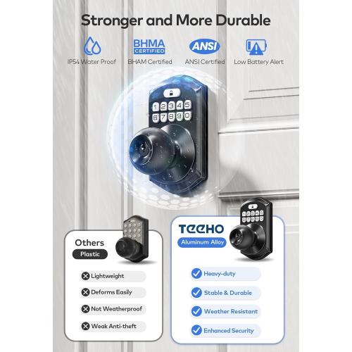 TEEHO TE003 Keyless Entry Keypad Door Lock with Handle, Electronic Digital Smart Locks for Front Door, Smart Door Knob with Code for Bedroom, Auto Lock, Passage Mode, Easy to Install, Matte Black