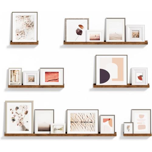 Vinyl Record Shelf Wall Mount, 6PC Album Record Holder Display, Wood Floating Shelves, Wood Ledges for Wall, 0ffice Wall Shelves, Album Shelves, Magazine Rack Walnut - 1x48In, 1x36In, 2x24In & 2x12In