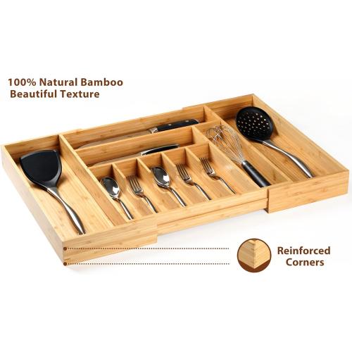 Umilife Extra Large Expandable Kitchen Siverware Utensils Drawer Organizer, 19 Deep for Big Drawer, Adjustable Bamboo Wood Drawer Divider with Curved Grooves, Cutlery Tray Flatware Holder