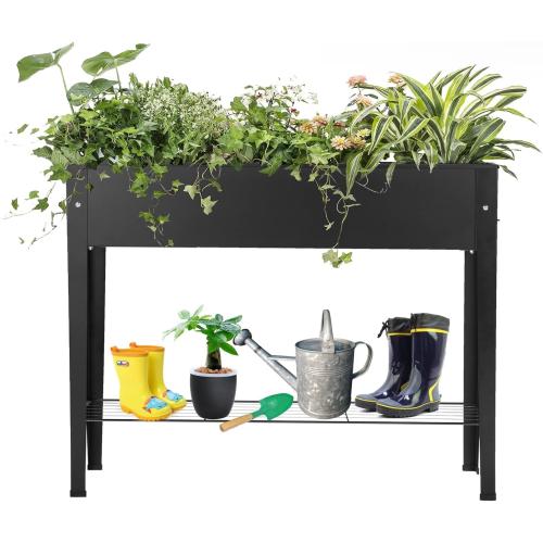 Piksedo Raised Garden Bed, Elevated Planter Metal Plant Box with Legs Standing Garden Stand Drainage Holes Frosted Black