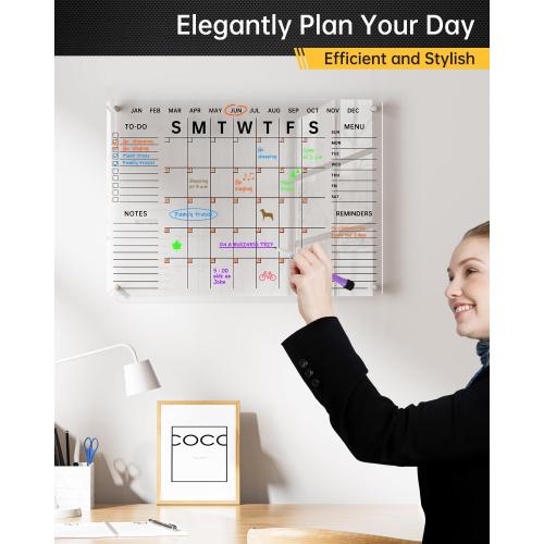 Acrylic Wall Calendar with Dry Erase Surface | 28x20 Clear Monthly Planning Board | Includes 8 Color Markers, Eraser, Multi-Color Standoff Screws, and Installation Kit | Perfect for Home & Office