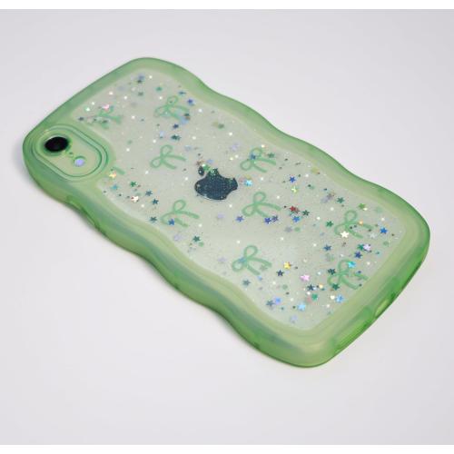 Qokey for iPhone XR Case, Glitter Star & Curved Edge Handle Grip Design, Military-Grade Shockproof Clear TPU Cover, Sparkle Protection Scratch-Resistant, Holographic Sage Green Bow