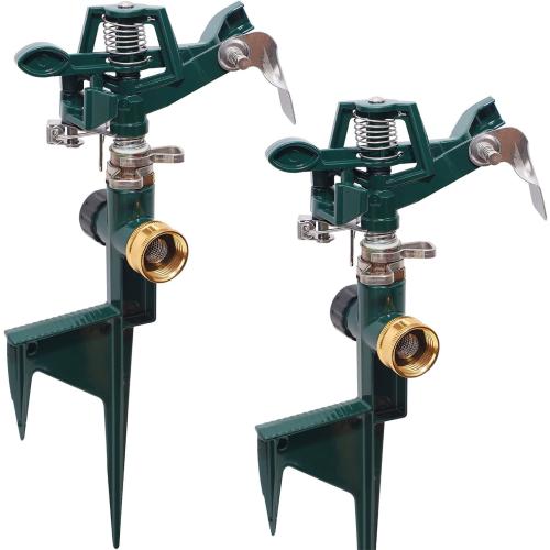 2 Pack Impact Sprinkler Head on Metal Step Spike, Heavy Duty Zinc Alloy Lawn Sprinkler, Adjustable Coverage Nozzle on Sturdy Spike Base, 360 Degree Large Area Irrigation, Green