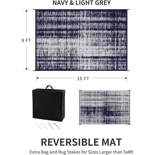 MontVoo Outdoor Rug Waterproof 8x10 ft Outdoor Carpet Patio Rug Mat Reversible RV Camping Rug Plastic Straw Outside Rug for Balcony Porch Deck Picnic Beach Modern Navy