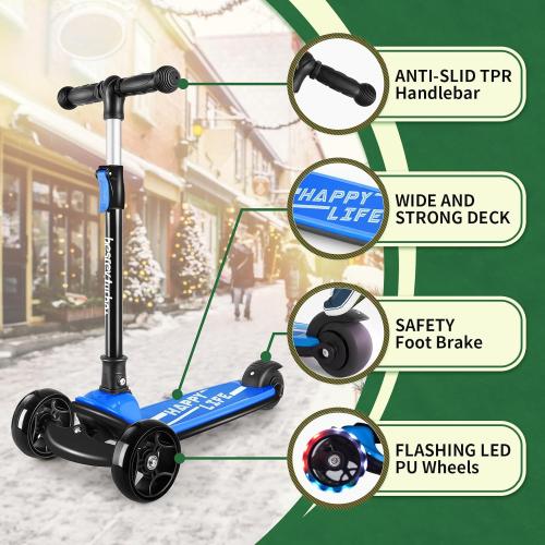 Blue and Black Besrey Kick Scooter for Kids Ages 3-10, 3-Wheel Folding Scooter with Adjustable Height, LED Light Wheels, Extra Wide Deck for Outdoor Activities