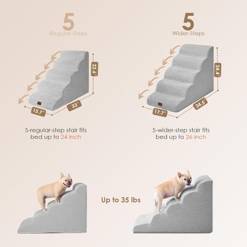 EHEYCIGA Curved Dog Stairs Ramp for High Beds, 5-Step Extra Wide Dog Steps for Small Dogs and Cats, Pet Stairs for High Bed Climbing, Non-Slip Balanced Pet Step Indoor, Light Grey