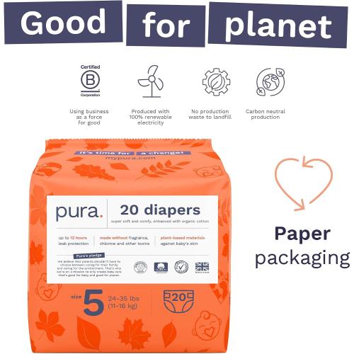 Pura Size 5 Eco-Friendly Diapers (24-35 lbs) Totally Chlorine Free (TCF) Hypoallergenic, Soft Organic Cotton, up to 12 Hours Leak Protection, Allergy UK, 3 Packs of 20 (60 Count)