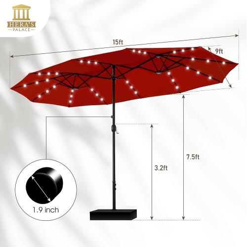 Size 15ft Patio Umbrella with Base Included Double Sided Outdoor Umbrella for Patio Table Umbrella Outdoor 36 LED Solar Lights for Garden