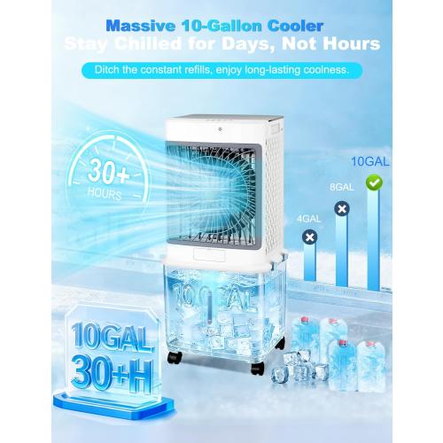 Swamp Cooler, Portable Air Conditioners 10-Gal Evaporative Air Coolers with Detachable Tank, Windowless AC Unit with 3 Speeds, 120° Swing, Cooling Fan That Blow Cold Air for Garage, Patio, Apartment