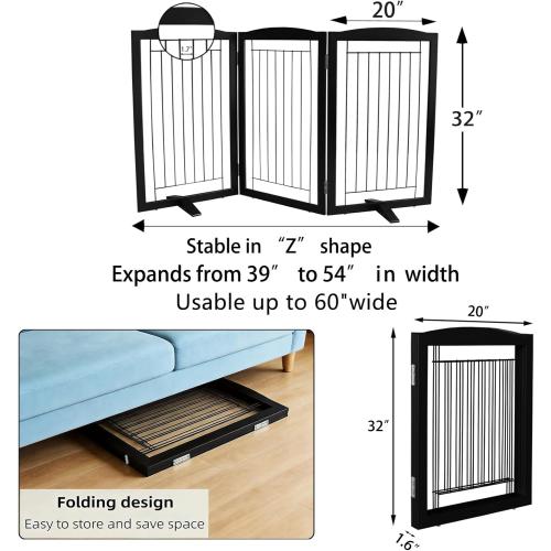 ZJSF Freestanding Dog Fence Indoor, Foldable Dog Gate for Doorways, Stairs or Hallways, Sturdy Wood Extra Wide Pet Gate with Support Feet for The House, Black, 32 Height-3 Panels