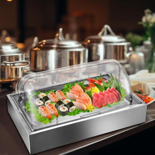 Ice Food Serving Display Tray, Cold Serving Plate with Clear Roll Top, 5QT Stainless Steel Food Serving Tray, Cooling Food Dishes Display Plate for Home, Buffet, Restaurant, Hotel and Party